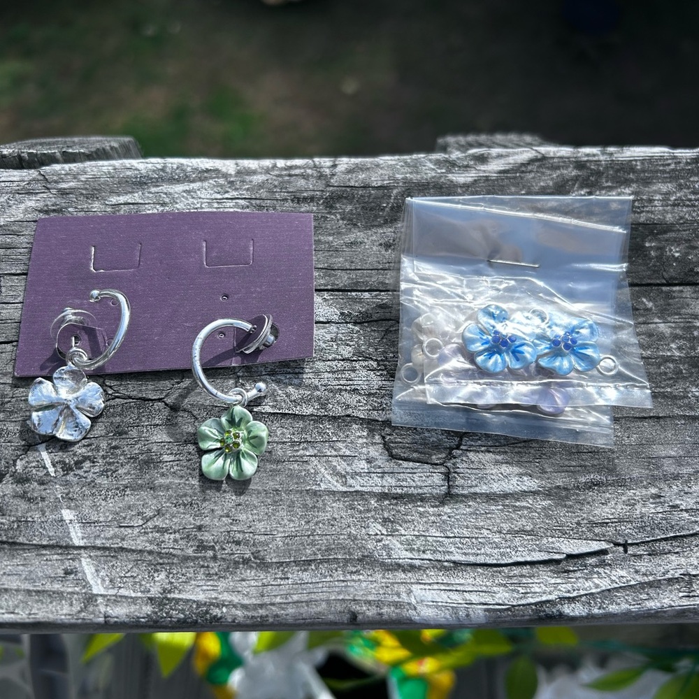 Silver Hoop Earrings with Floral Charms